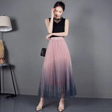 High-Waist Pleated Skirt with Gradient Mesh Design
